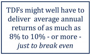TDFs might well have to deliver average annual returns of as much as 8% to 10% - or more - just to break even TDFs might well have to deliver average annual returns of as much as 8% to 10% - or more - just to break even